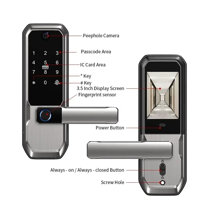 Smart Door Lock Wifi - Tuya WiFiスマートドアロック、覗き穴カメラ付き、シングルラッチキーレス指紋認証ロック、家庭/アパート用セキュリティハンドルスマートロック