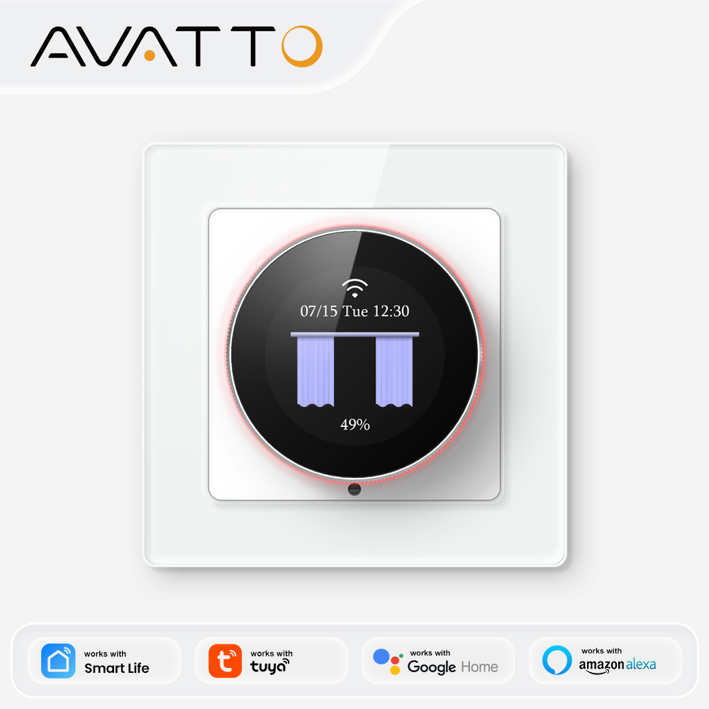 Smart Light Switch Wifi - AVATTO WiFiスマートノブカーテンスイッチ、アンビエントライトリング付き、正確なパーセント制御、Tuya Alexa Google Home Aliceと連携